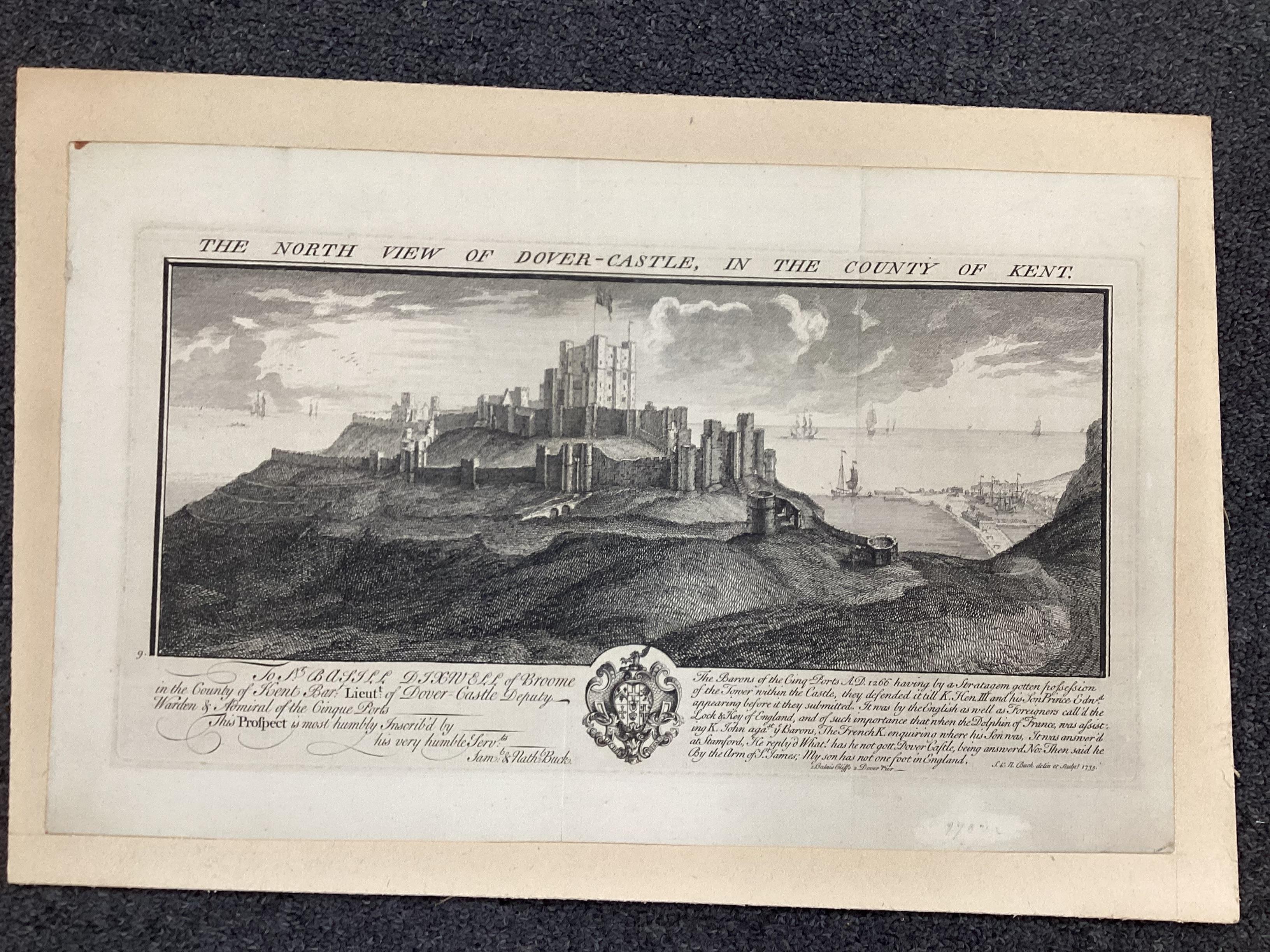 After Samuel and Nathaniel Buck (17th/18th. C) four hand coloured engravings, The South Prospect of Dover in the County of Kent, 40cm x 86 cm; unframed The North View of Dover Castle in the County of Kent, 1735, 20cm x 3